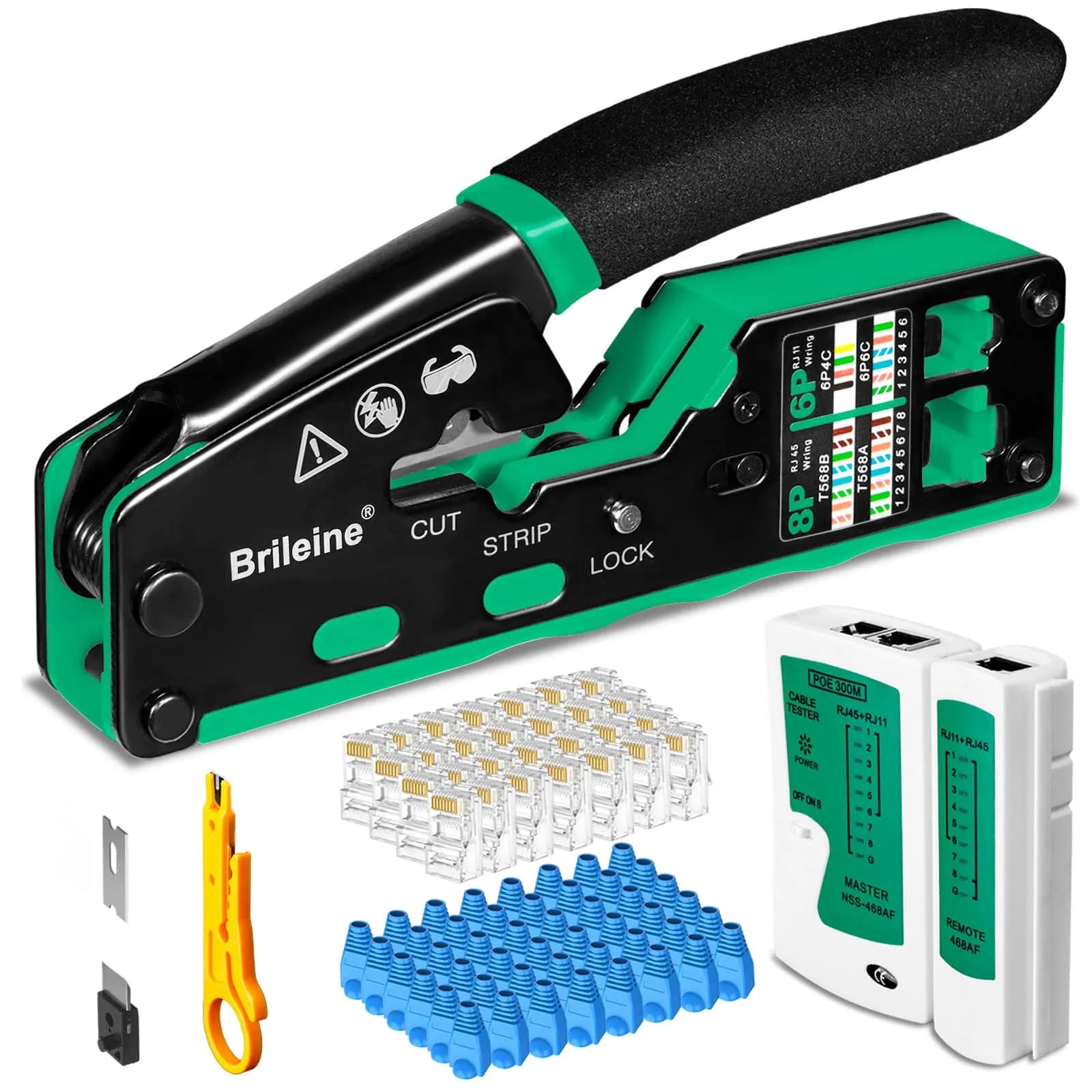 Brileine RJ45 Crimp Tool Pass Through Kit Ethernet Crimper Cat5 Cat5e Cat6 with Network Cable Tester & 100 Connectors (Green)