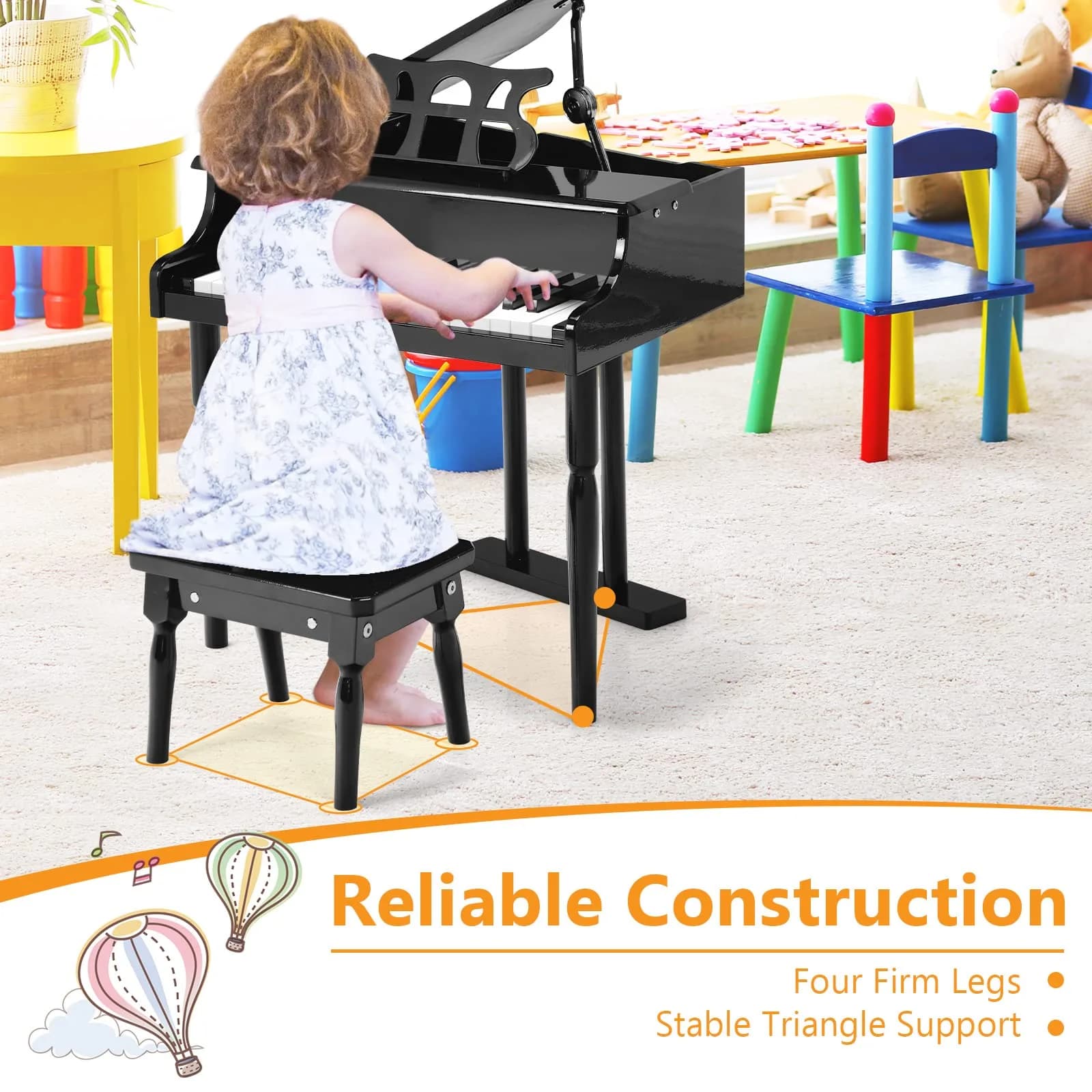 HONEY JOY Classical Kids Piano 30-Key Mini Grand Piano Black | Wooden Musical Instrument Toy for Ages 3+ thumbnail 5