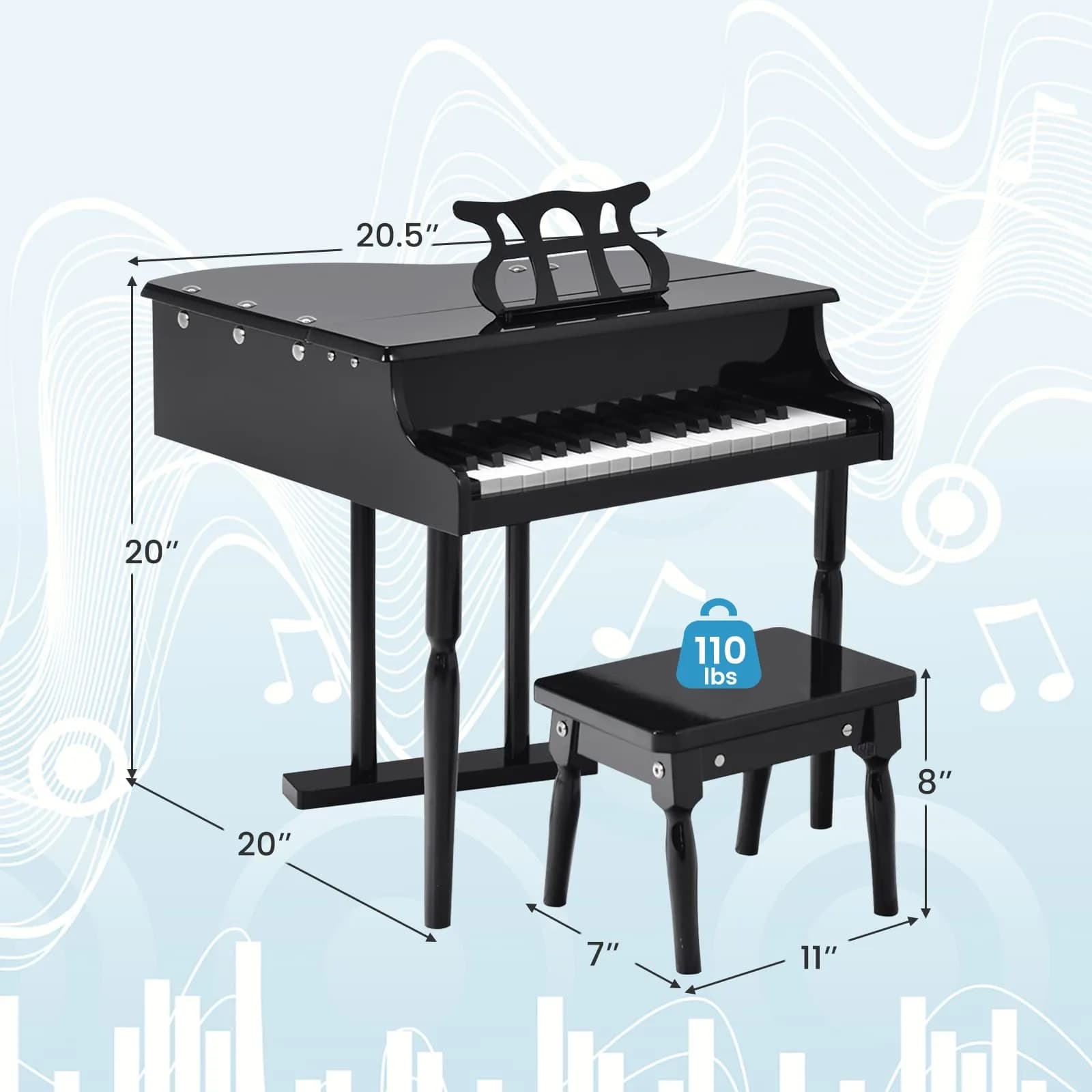 HONEY JOY Classical Kids Piano 30-Key Mini Grand Piano Black | Wooden Musical Instrument Toy for Ages 3+ thumbnail 9