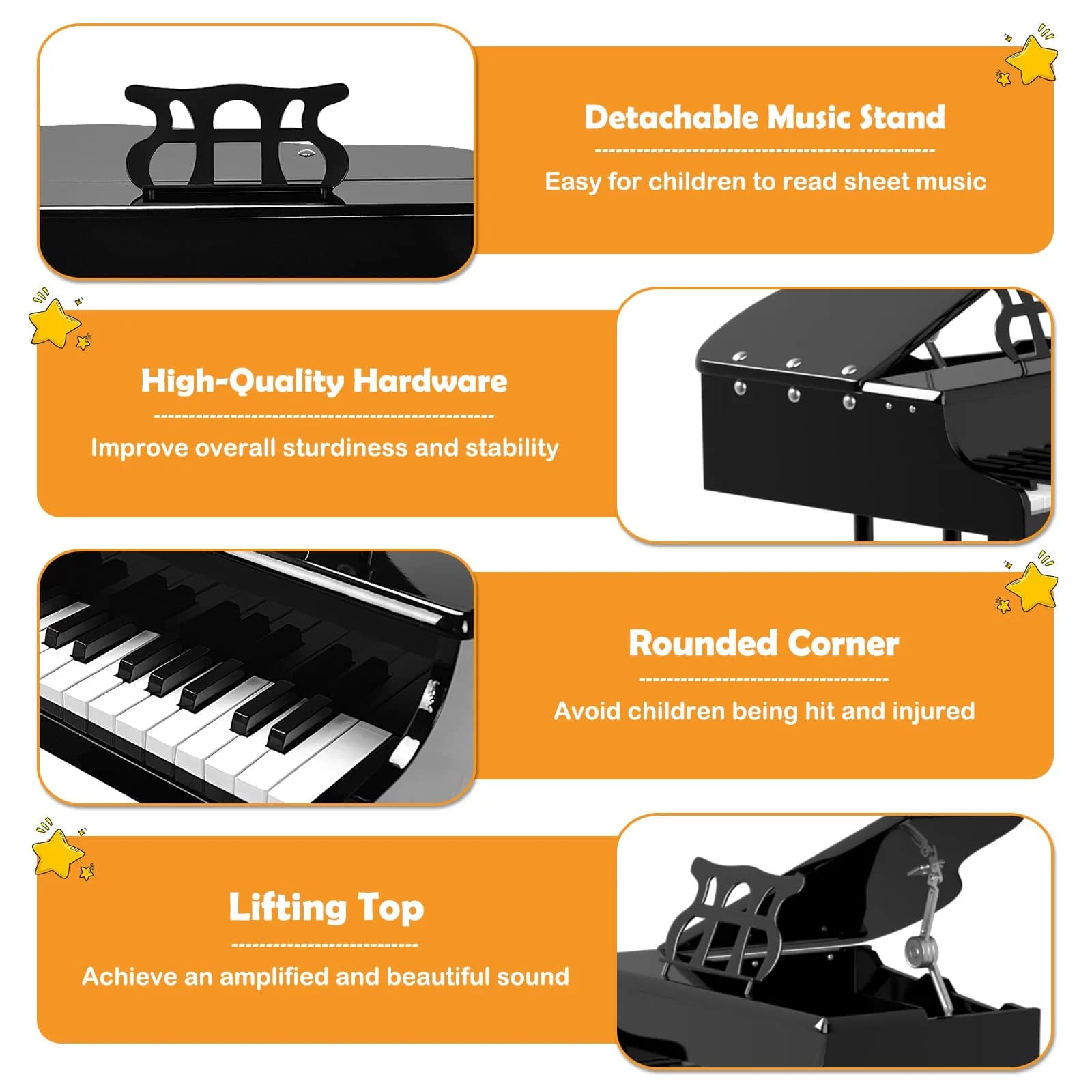 HONEY JOY Classical Kids Piano 30-Key Mini Grand Piano Black | Wooden Musical Instrument Toy for Ages 3+ thumbnail 3