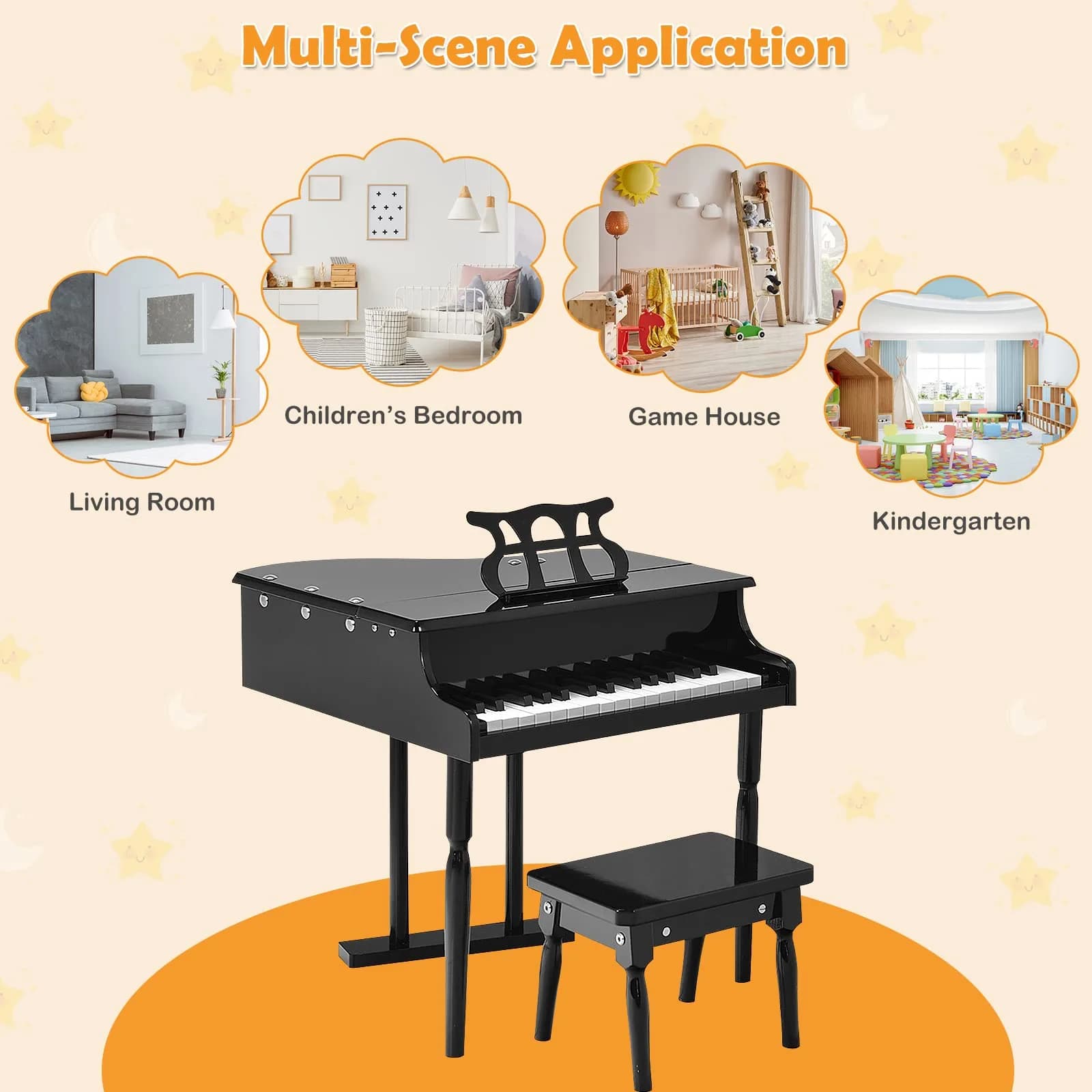 HONEY JOY Classical Kids Piano 30-Key Mini Grand Piano Black | Wooden Musical Instrument Toy for Ages 3+ thumbnail 4