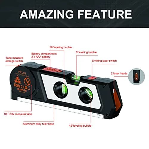 Ayitam 4-in-1 Laser Level Line Tool with Tape Ruler & Ruler Base, 21.6cm (8.5in) | Measures in Imperial & Metric thumbnail 4