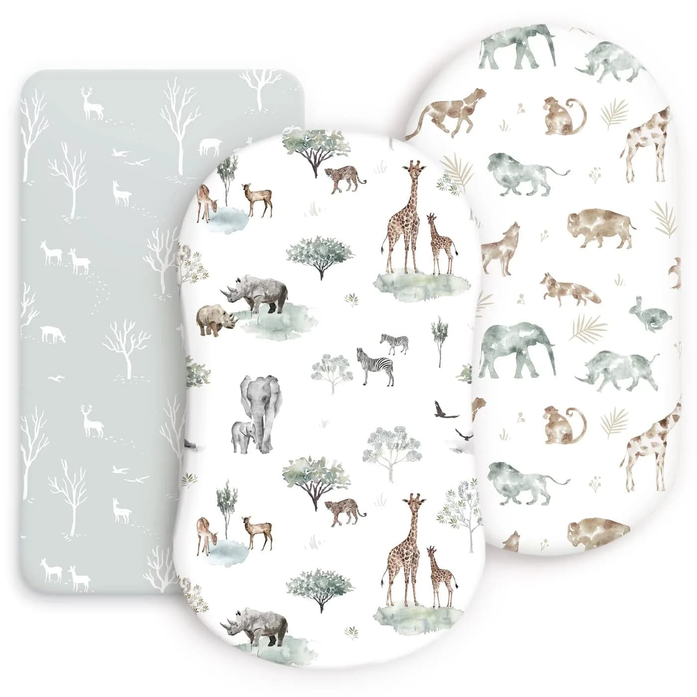 GRSSDER Fitted Bassinet Sheet Set 2 Pack | Ultra Soft Breathable Jersey Knit, Universal Fit for Rectangle, Oval, Hourglass, Safe & Snug (70-120c) — Savannah Animal