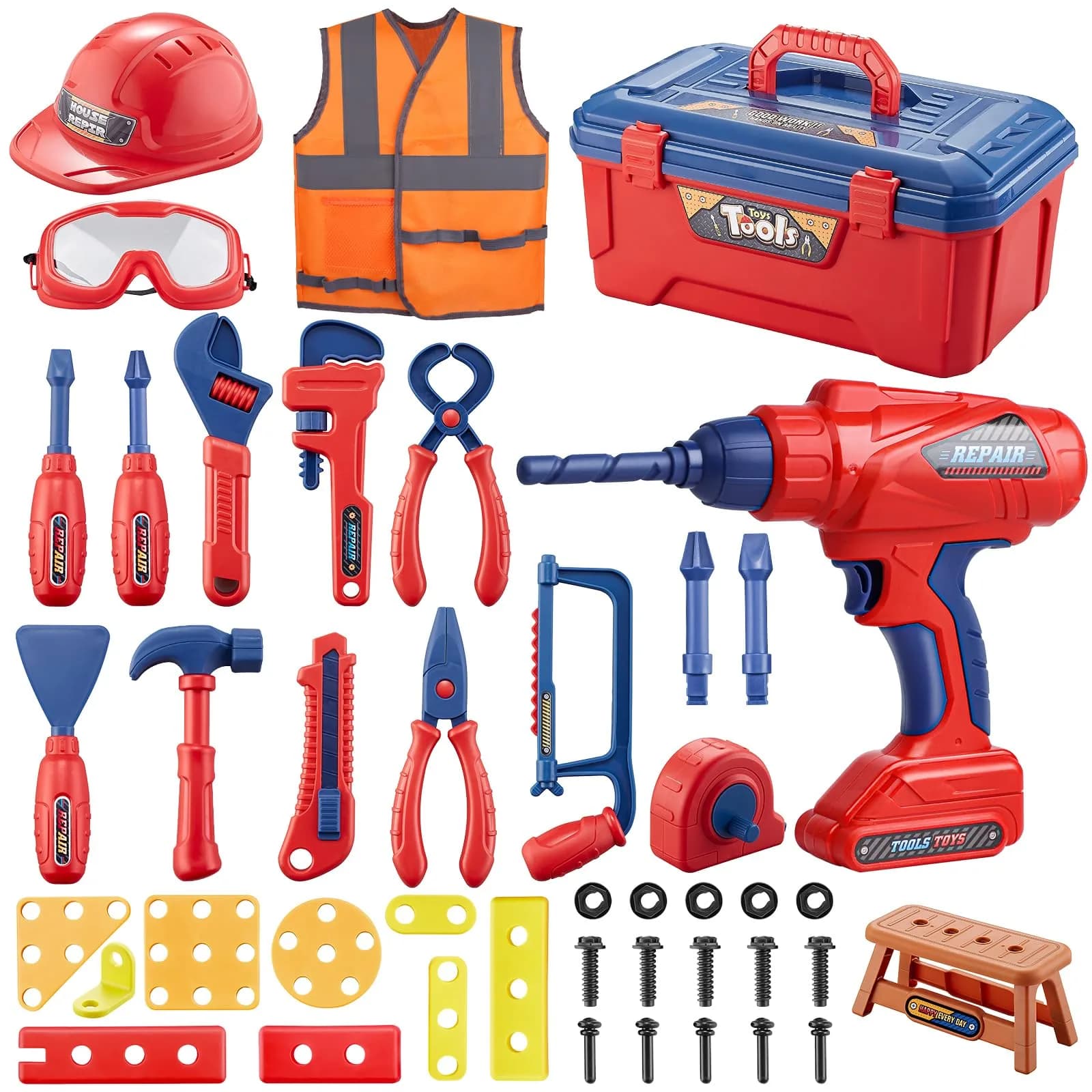 Magic4U Kids Tool Set 49PCS with Electric Drill, Safety Vest, Hat, Goggles | Pretend Play Toy for Ages 3+