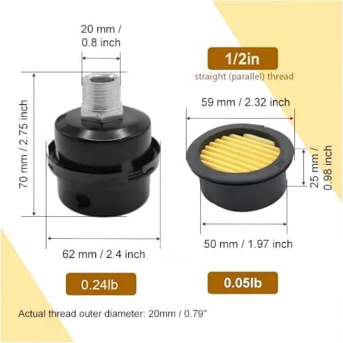 Joyangy 2-Pack 1/2" G (BSP Parallel) 20mm Air Compressor Intake Filter Muffler | Noise Reduction & Dust Blocking thumbnail 2