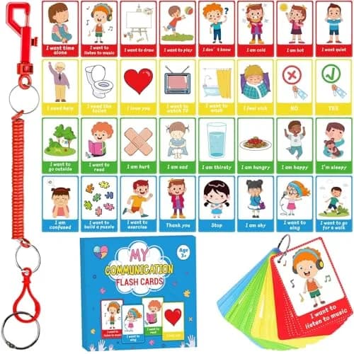 ZOIIWA Autism Communication Cards for Speech Delay, Special Needs Visual Aid Language Learning Cue Cards, 40 Cards with Ring & Retractable Rope thumbnail 1