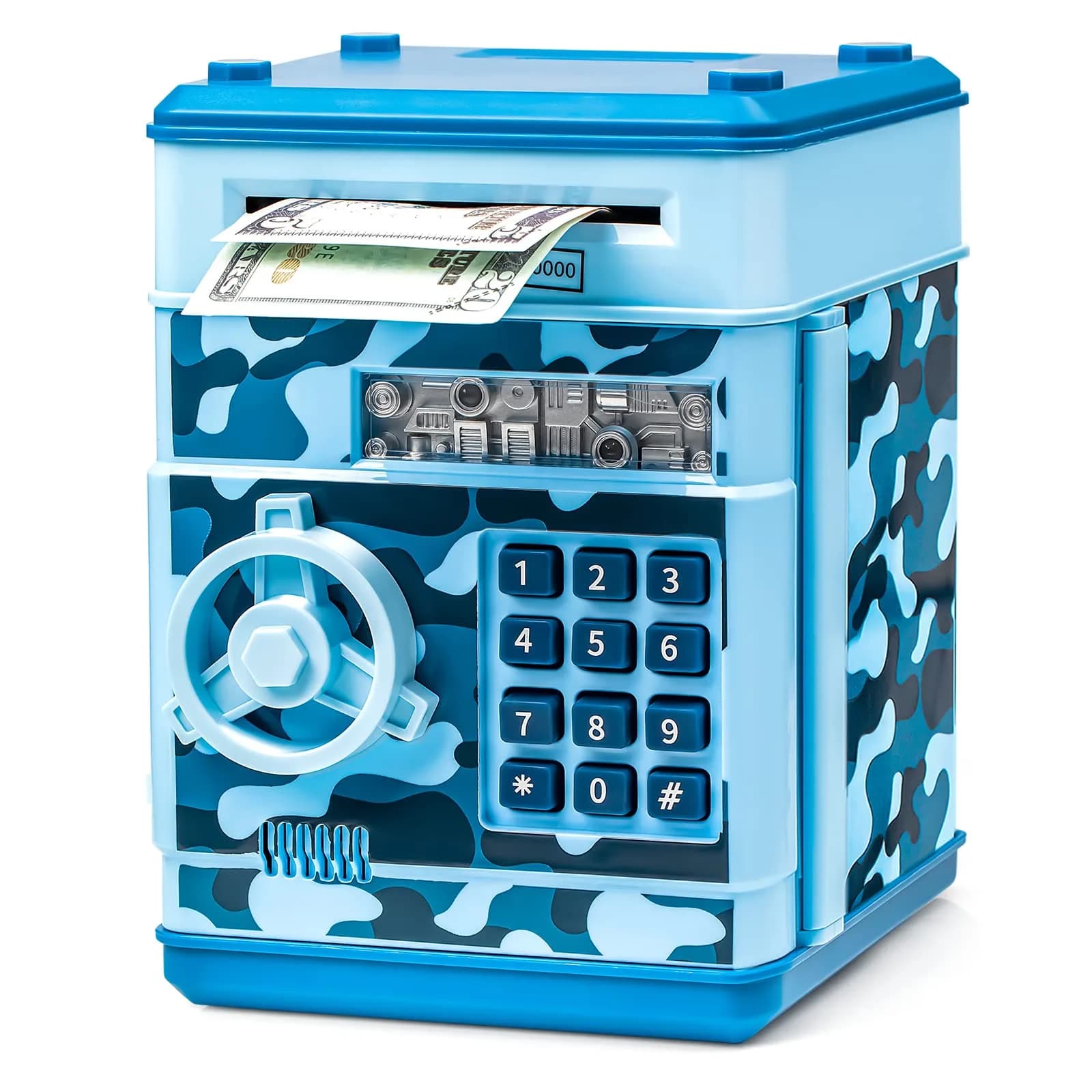 Vcertcpl ATM Piggy Bank Mini Safe with Password, Camouflage Light Blue 14.2cm (5.5in) | Educational Toy for Kids - main product image