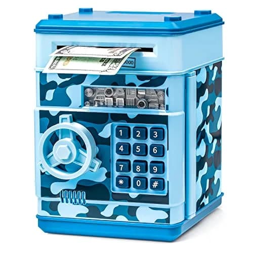 Vcertcpl ATM Piggy Bank Mini Safe with Password, Camouflage Light Blue 14.2cm (5.5in) | Educational Toy for Kids thumbnail 1