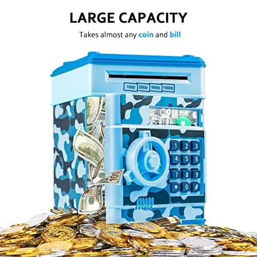Vcertcpl ATM Piggy Bank Mini Safe with Password, Camouflage Light Blue 14.2cm (5.5in) | Educational Toy for Kids thumbnail 4