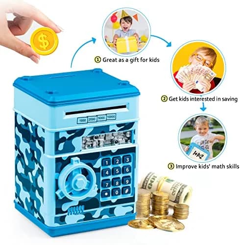 Vcertcpl ATM Piggy Bank Mini Safe with Password, Camouflage Light Blue 14.2cm (5.5in) | Educational Toy for Kids thumbnail 5