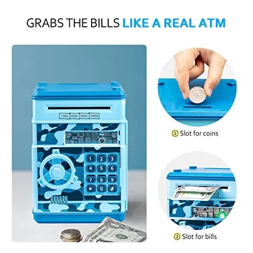 Vcertcpl ATM Piggy Bank Mini Safe with Password, Camouflage Light Blue 14.2cm (5.5in) | Educational Toy for Kids thumbnail 6