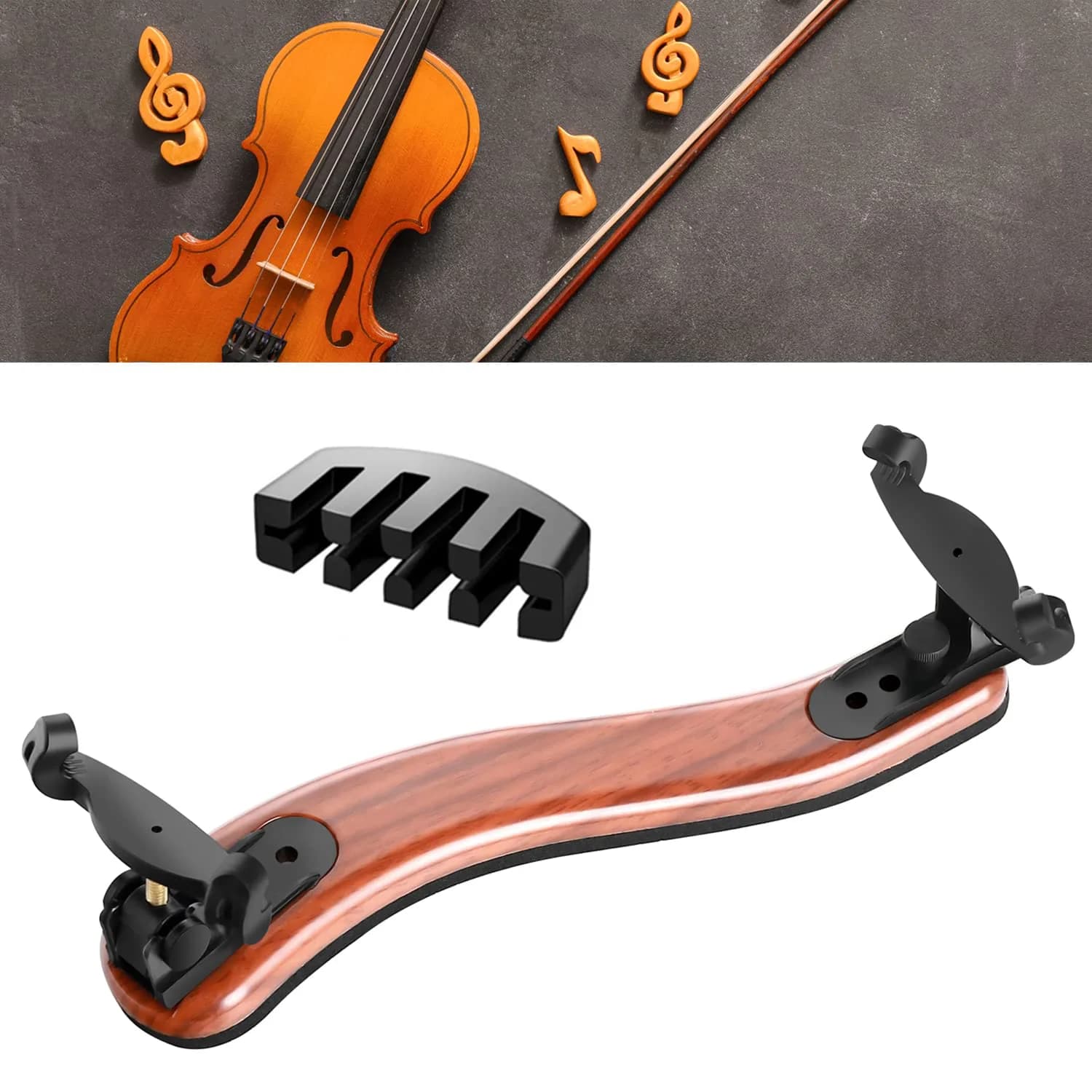 SUEWIO Violin Shoulder Rest for 4/4-3/4 Size with Collapsible Feet, Includes Practice Mute & Rosin | Adjustable Height & Width — Wood Grain 3/4-4/4