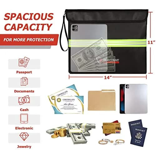 ROLOWAY Fireproof Document Bag (14 x 11 inch) with 5200℉ Aluminum Foil Layer | Fireproof & Water-Resistant thumbnail 5