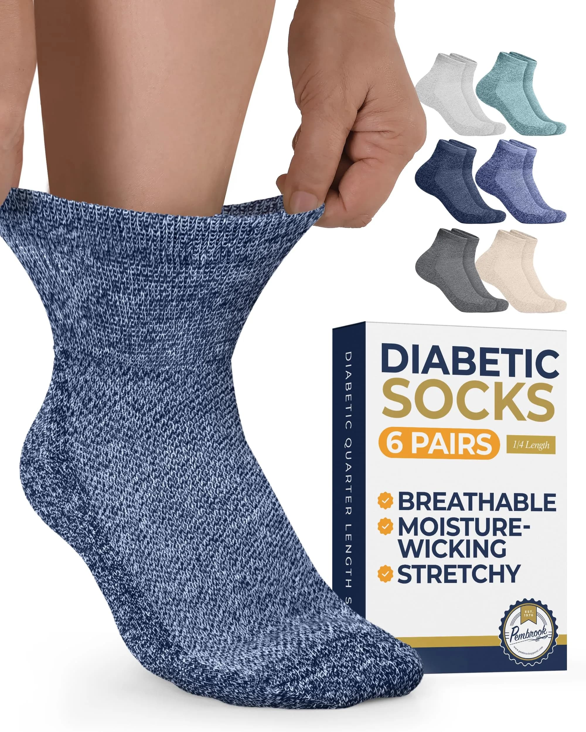 Pembrook Diabetic Socks for Men & Women - 6 Pairs Quarter Length, Medium | Unrestricted Foot Comfort & Breathable