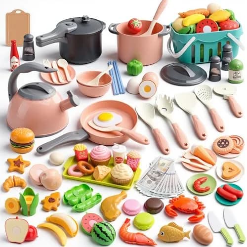 Funpynani Pink 130Pcs Pretend Play Kitchen Playset | Realistic Cutting Food, Utensils & Shopping Basket thumbnail 1