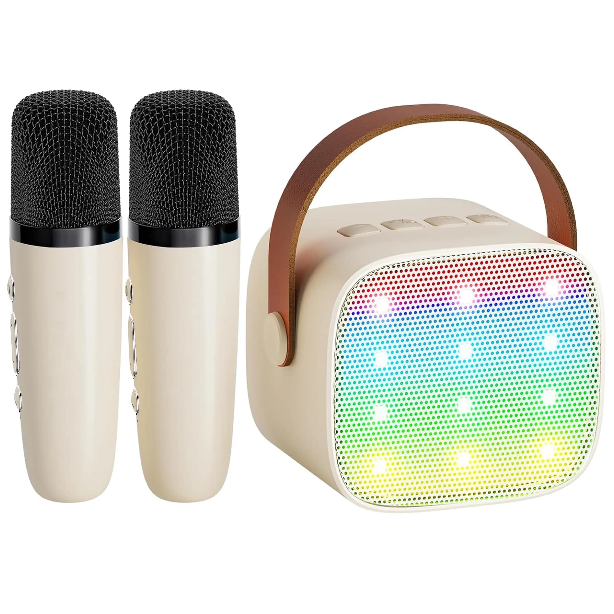 YLL Pink Karaoke Machine for Kids | Portable Bluetooth Speaker with 2 Wireless Microphones & Magic Voices (Mini Size) — Cream