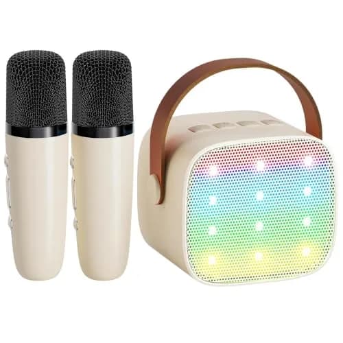 YLL Mini Karaoke Machine with 2 Wireless Microphones, Bluetooth Speaker for Kids & Adults (Cream) thumbnail 1