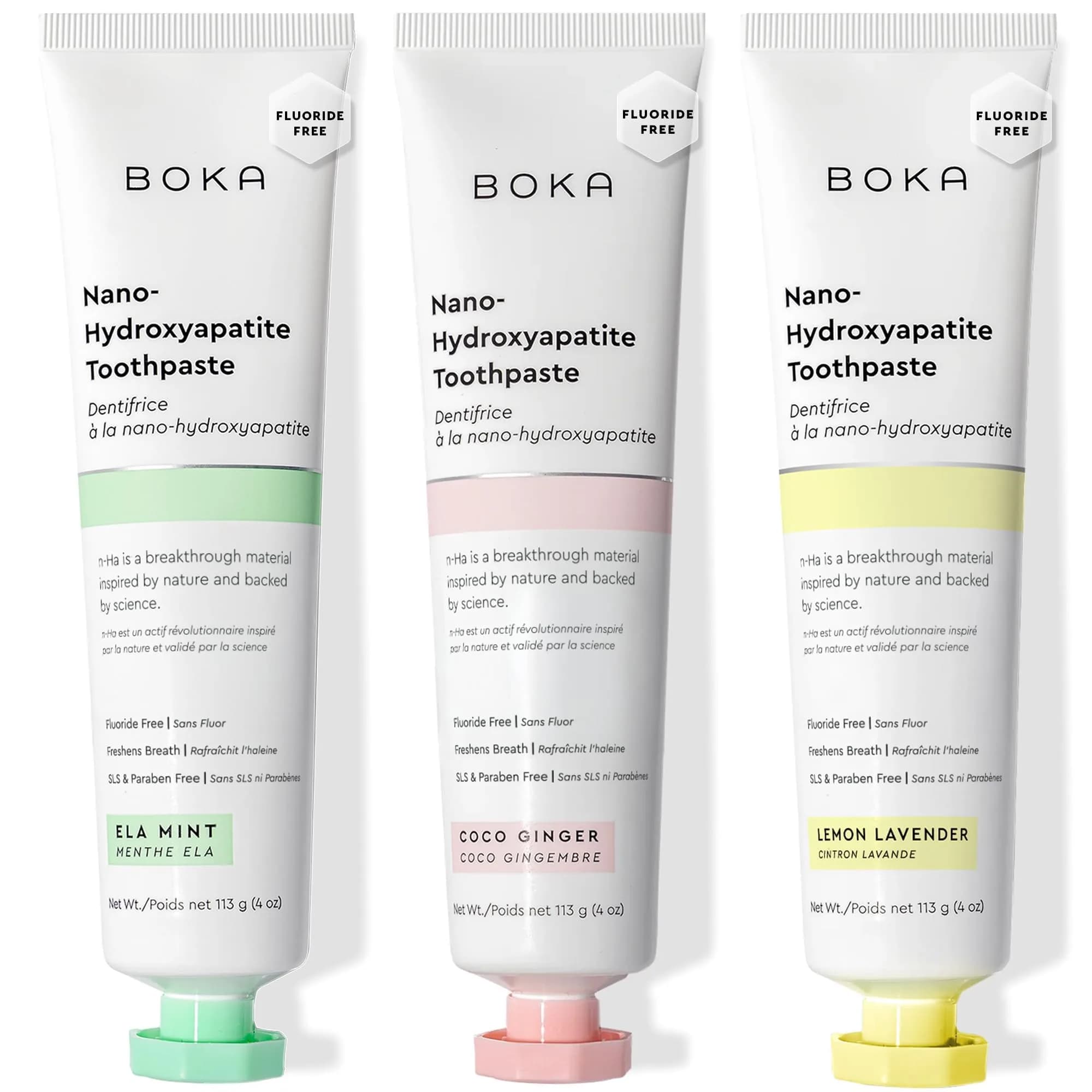 Boka Coco Ginger Toothpaste - Fluoride Free Nano Hydroxyapatite Toothpaste 118ml (4 Oz) | Enamel Care for Sensitive Teeth — E. Ela Mint, Coco Ginger, Lemon Lavender / Value Pack (12 Ounce)