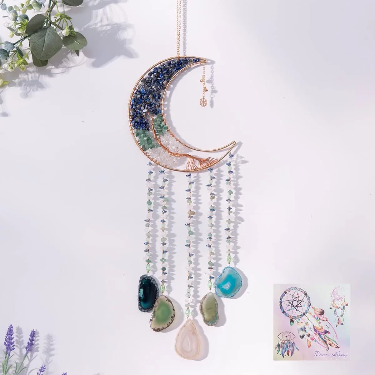 Dreamsum Handmade Dream Catcher Moon Decor with Tree of Life and Agate Pendant | Boho Wall Hanging with Rainbow Reflection - main product image