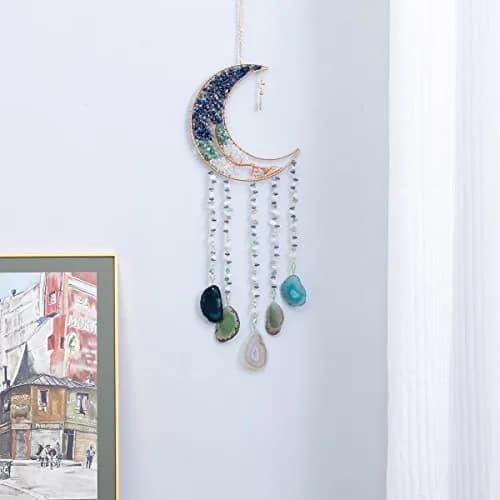 Dreamsum Handmade Dream Catcher Moon Decor with Tree of Life and Agate Pendant | Boho Wall Hanging with Rainbow Reflection thumbnail 5