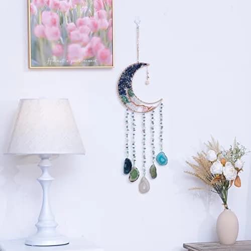 Dreamsum Handmade Dream Catcher Moon Decor with Tree of Life and Agate Pendant | Boho Wall Hanging with Rainbow Reflection thumbnail 7