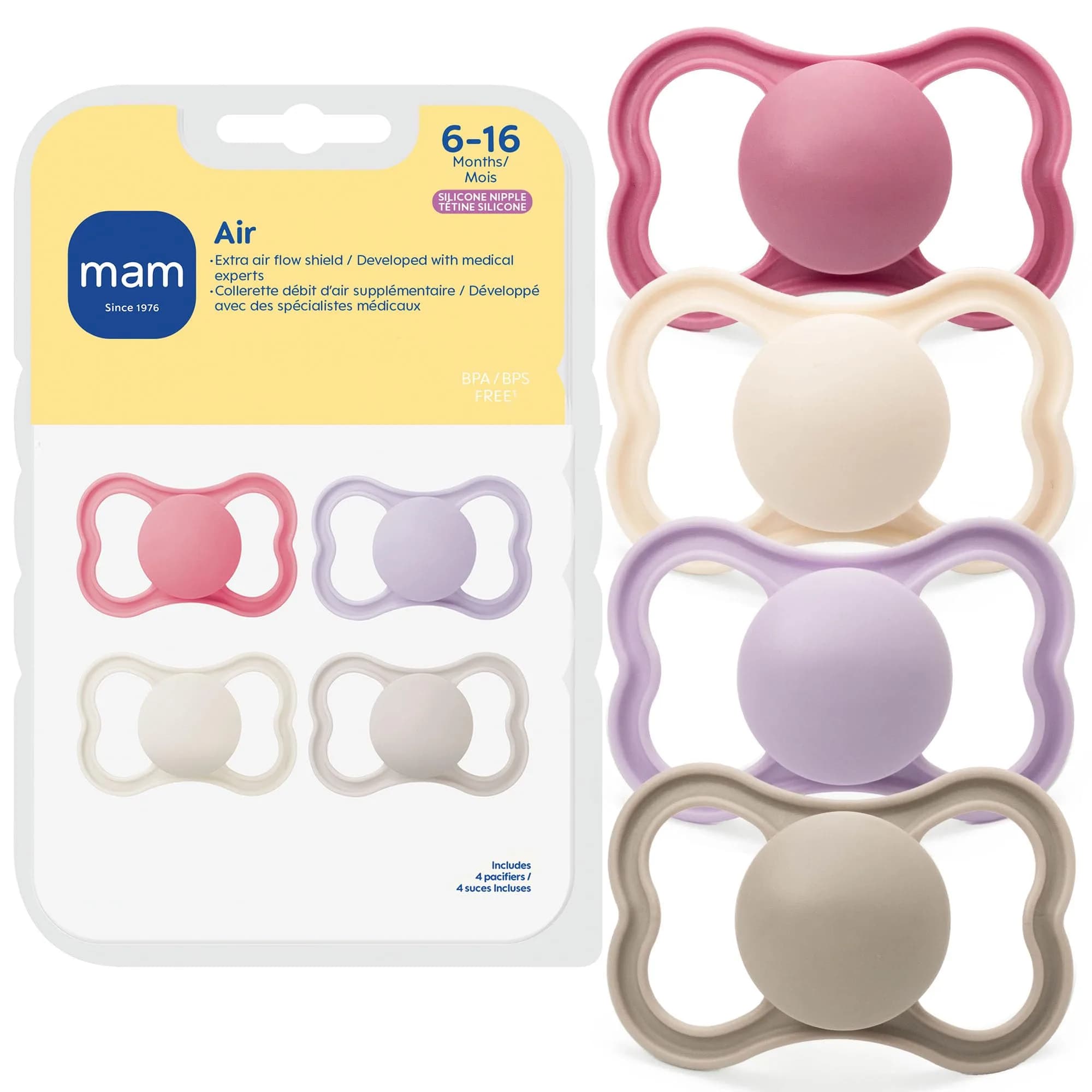 MAM Air Pacifier 6-16 Months, Extra Air Flow for Sensitive Skin, 4 Pack | Developed with Medical Experts, BPA-Free, Skin Soft Silicone - main product image