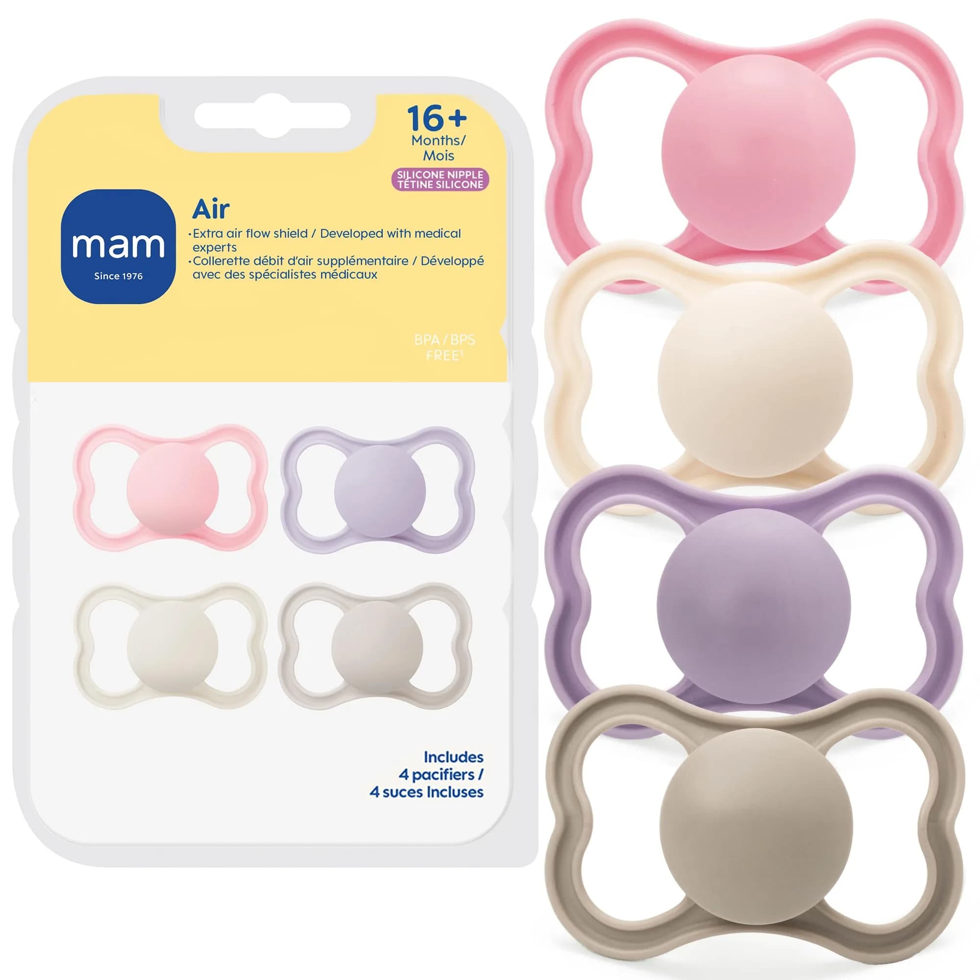 MAM Air Pacifier 16+ Months | Extra Air Flow for Sensitive Skin, 4 Pack — Fairy Dust/Purple Iris/Cotton/Shell / Animal Print
