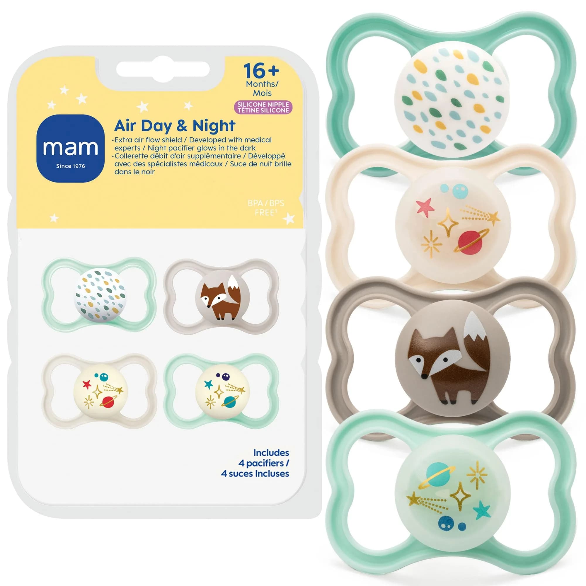 MAM Air Pacifier 16+ Months | Extra Air Flow for Sensitive Skin, 4 Pack — Peppermint Green/Cotton/Shell