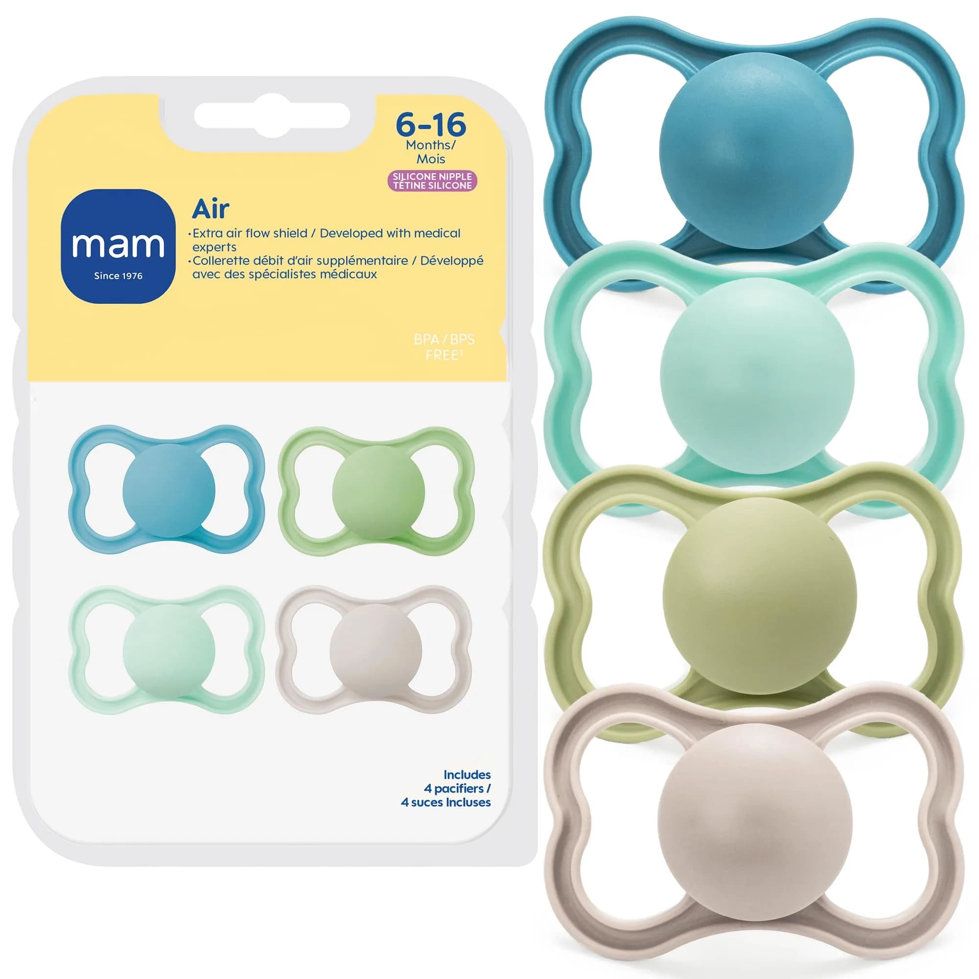 MAM Air Pacifier 6-16 Months, Extra Air Flow for Sensitive Skin, 4 Pack | Developed with Medical Experts, BPA-Free, Skin Soft Silicone, Made In Europe - main product image