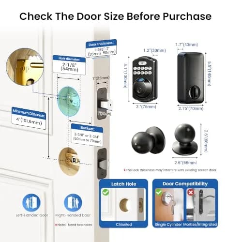 Veise KS02C Fingerprint Deadbolt Door Lock with Knob Set | Matte Black, Biometric & Keyless Entry thumbnail 6