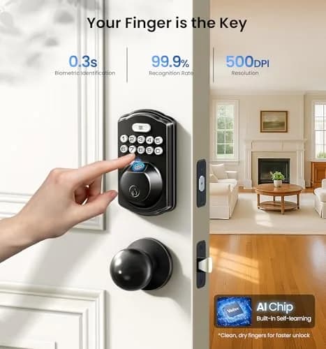 Veise KS02C Fingerprint Deadbolt Door Lock with Knob Set | Matte Black, Biometric & Keyless Entry thumbnail 2