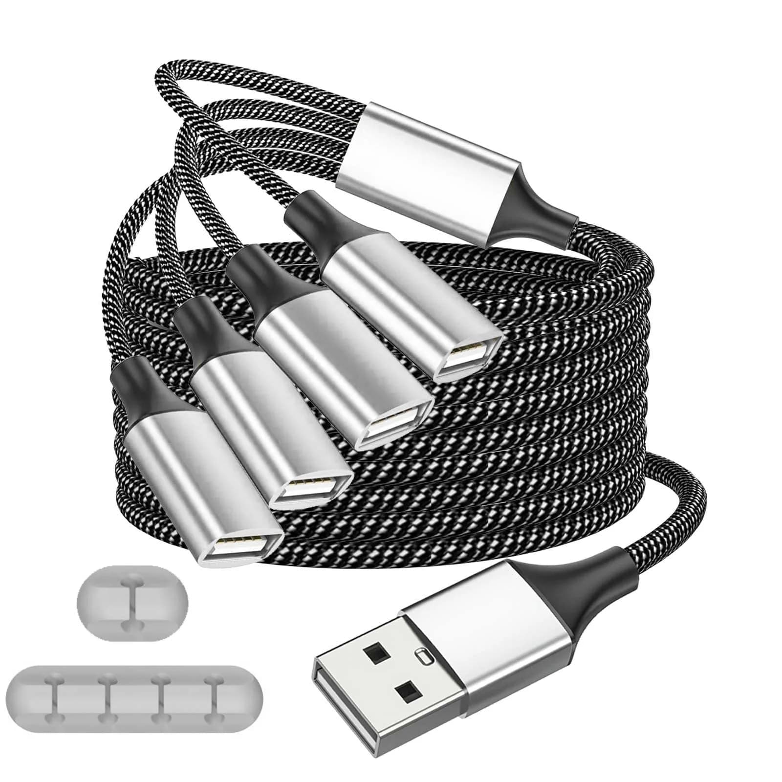 Fidioto USB Y Splitter 1 Male to 4 Female 1.2m (4ft) | Expands 1 USB-A Port to 4 for Data & Charging