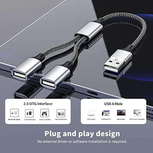 Fidioto USB A Splitter 10in | Support Charging & Data Transfer, 2 Ports thumbnail 2
