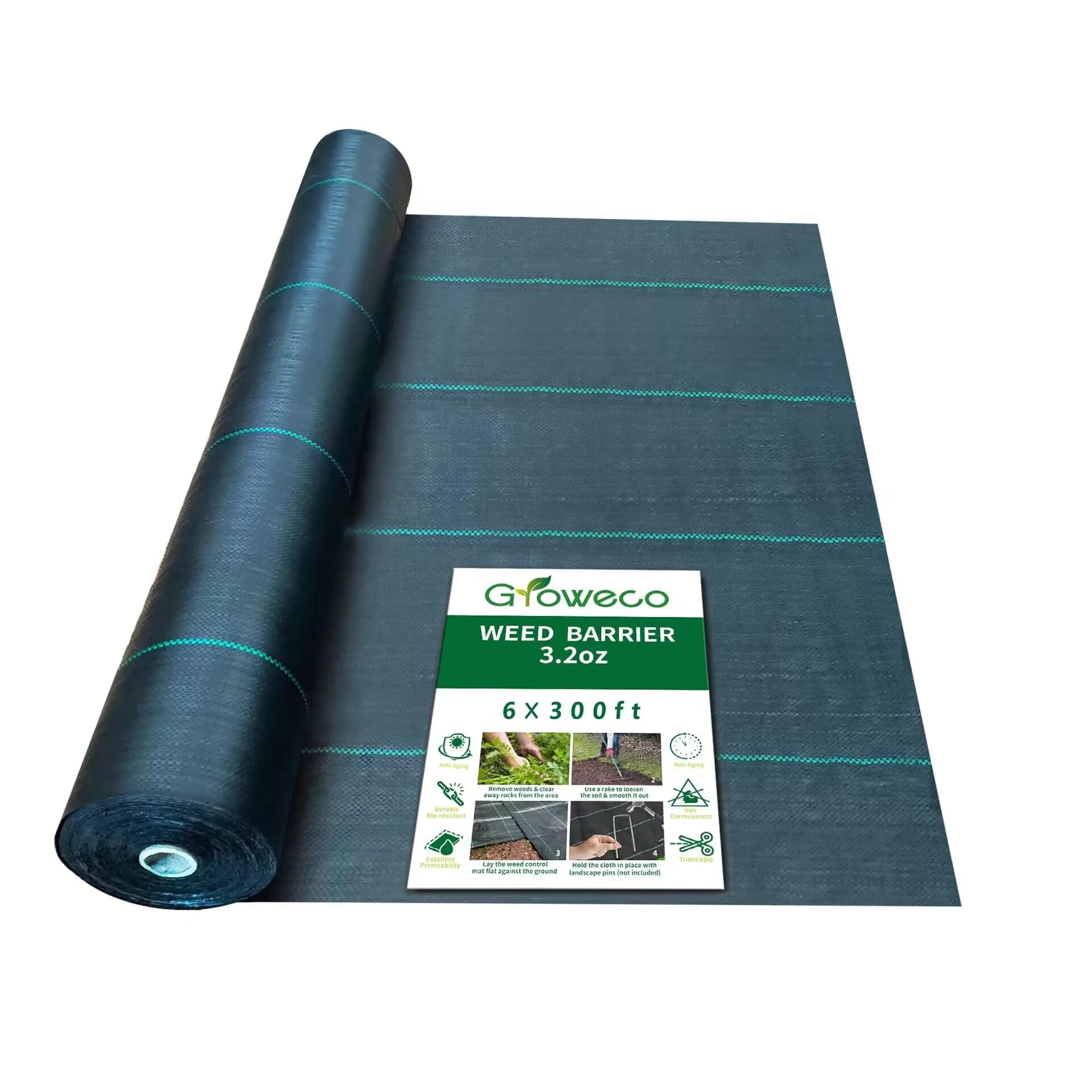 Groweco Heavy Duty Weed Barrier Fabric 6FTX100FT (183cm x 30.5m) | Landscape Fabric for Gardens & Pathways — 6X300 FT
