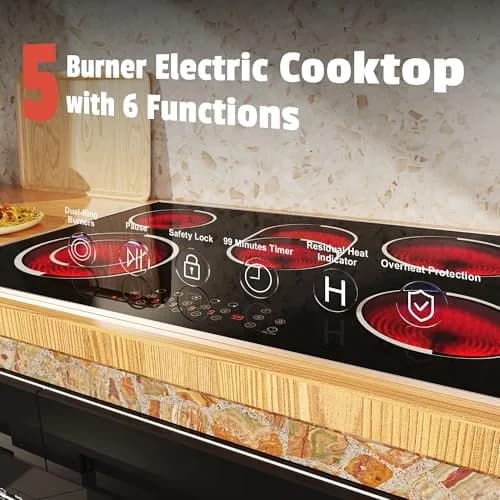Jessier 30 Inch 8400W 5-Burner Electric Cooktop with Dual Ring & Timer | Built-in Ceramic Stovetop (29.13"x19.3" Cutout) thumbnail 5
