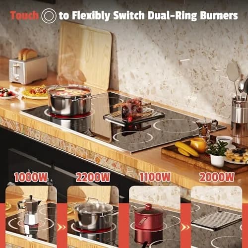Jessier 30 Inch 8400W 5-Burner Electric Cooktop with Dual Ring & Timer | Built-in Ceramic Stovetop (29.13"x19.3" Cutout) thumbnail 2