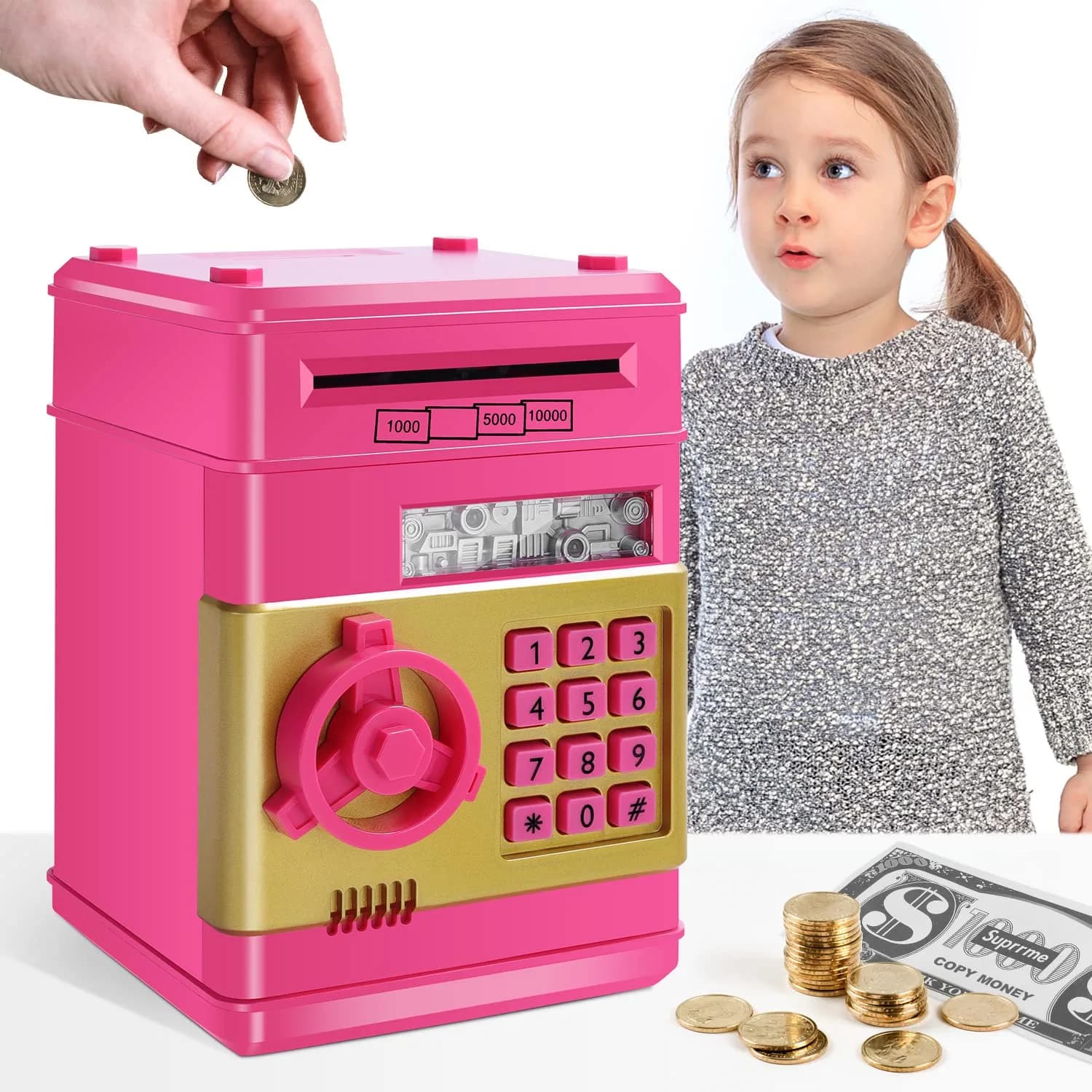 GuDoQi Pink Electronic Piggy Bank for Kids 3-10 Years | Mini ATM Money Saving Box with Password Protection — Rose