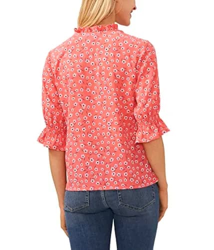 CeCe Elbow Sleeve Split Neck Top Calypso Coral | Flattering V-Neck, Soft Polyester Blend, Casual Fit thumbnail 2