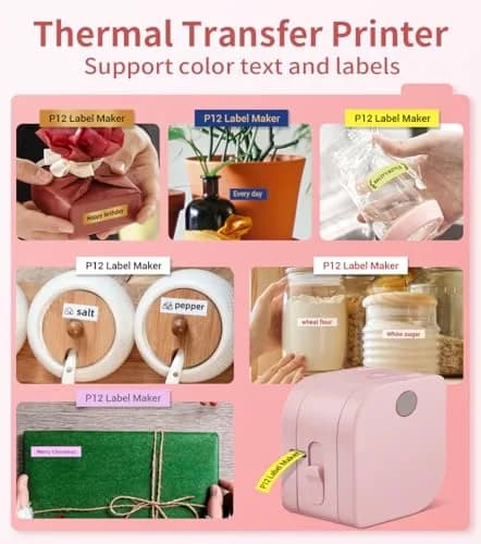 Phomemo P12 Bluetooth Label Maker Machine with Tape, Portable Mini Thermal Transfer Printer for Organizing, Pink (180g, 4.09" L x 3.52" W x 2.7" H) thumbnail 6