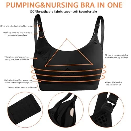 4HOW Hands-Free Pumping & Nursing Bra for Breastfeeding, Medium, 2-Pack (Black) | Adjustable Crossover Support thumbnail 4