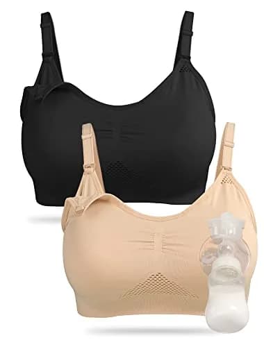 4HOW Pumping & Nursing Bra for Breastfeeding, Hands-Free Pumping, Adjustable Fit, Black+Beige, Large thumbnail 1