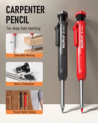 Nicpro 11 Pack Carpenter Pencils with Sharpener & Leads | 2.0mm & 2.8mm Line Sizes thumbnail 2