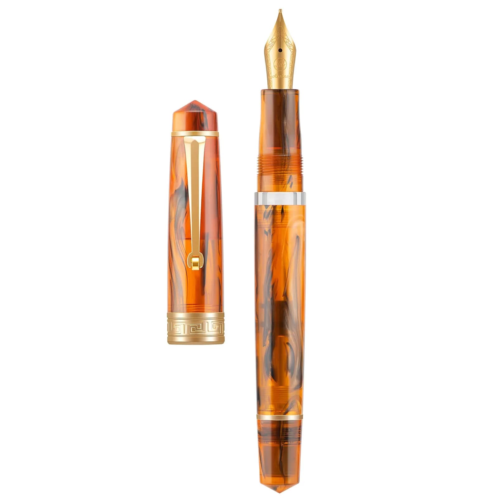 Asvine P20 Piston Fountain Pen Amber Resin Medium Nib Gold Trim | Smooth Writer Collection with Case Set