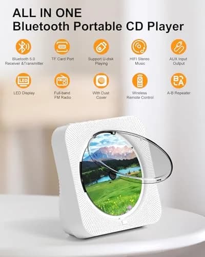 MICOCIOUS Bluetooth CD Player with Speakers 16.7cm (6.57in) White | Desktop Kpop Music Player with FM Radio, AUX, USB, TF Card thumbnail 2