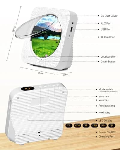 MICOCIOUS Bluetooth CD Player with Speakers 16.7cm (6.57in) White | Desktop Kpop Music Player with FM Radio, AUX, USB, TF Card thumbnail 3