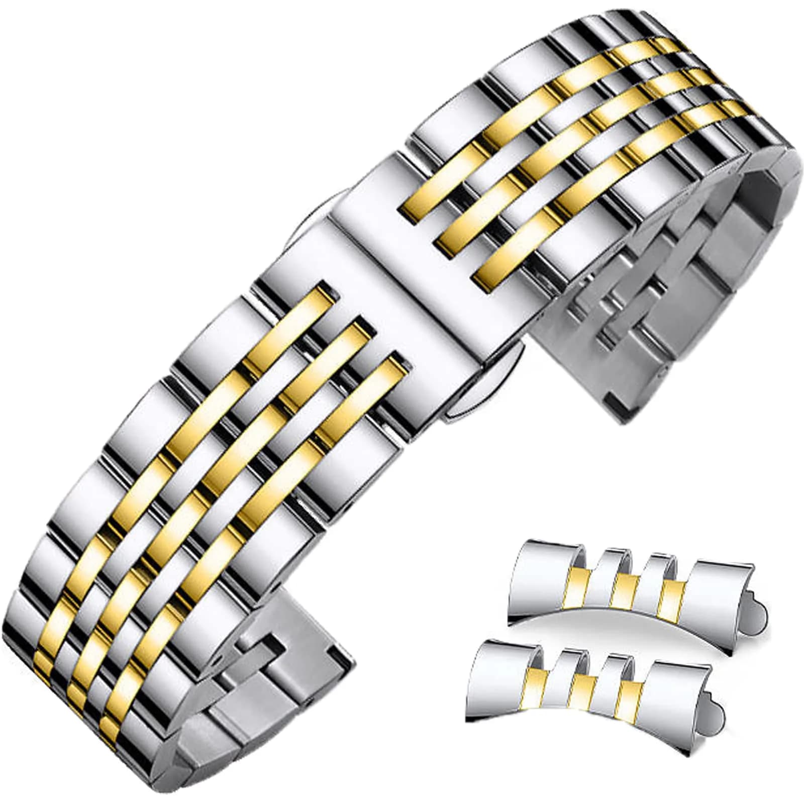 Niziruoup 20mm Stainless Steel Watch Band Strap Silver | Adjustable Size Watch Band — Two-Tone Silvergold / 19mm