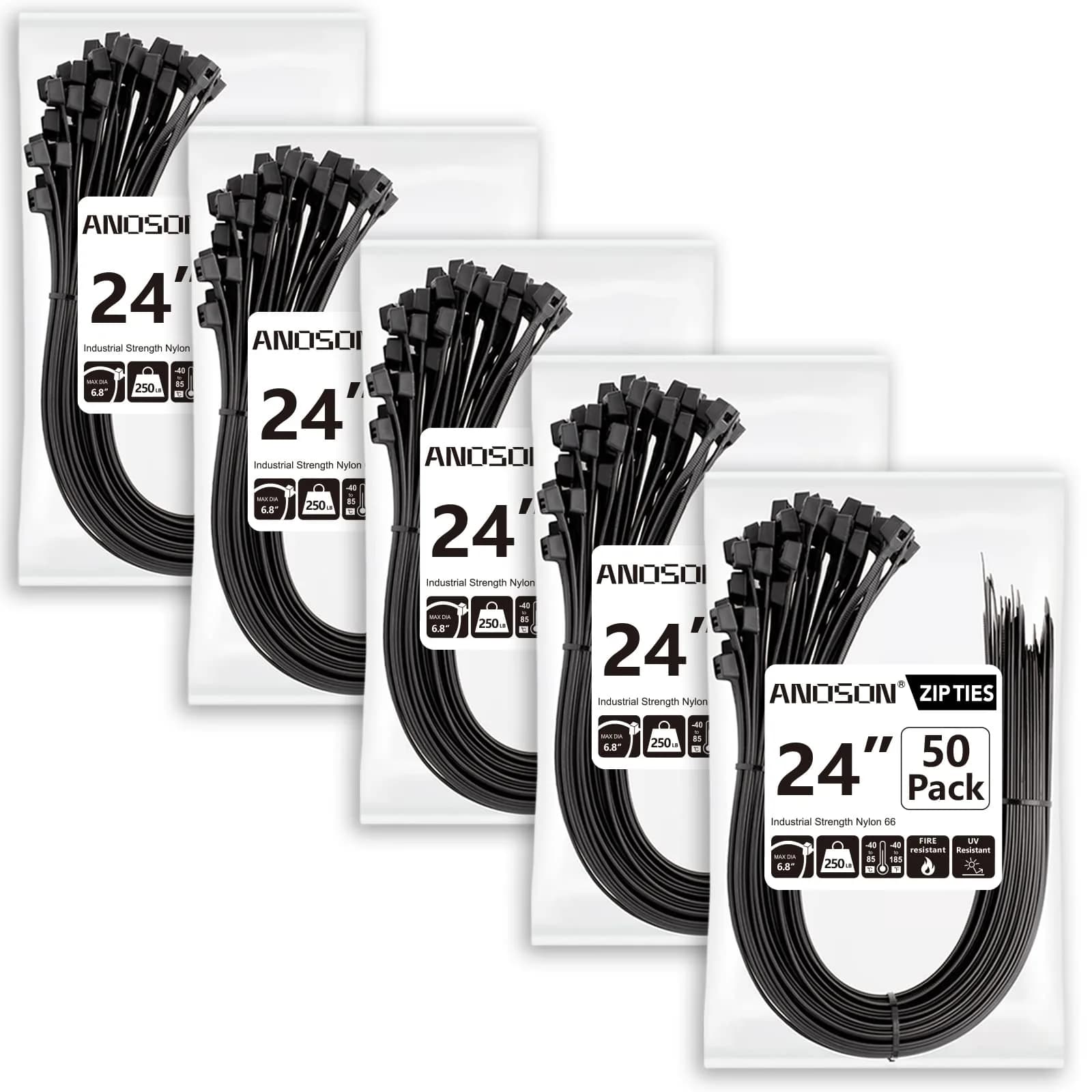 ANOSON Heavy Duty Cable Ties 24 inch | 220 lb Tensile Strength, 250 Pack, Black