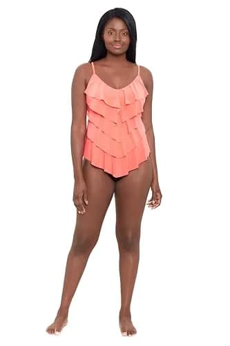Trimshaper Womens Five Tiered Adjustable Rachel Swim Tankini Top with Molded Cups and Bra Support, Coral, 14 | Supportive, Adjustable, Full Coverage thumbnail 1