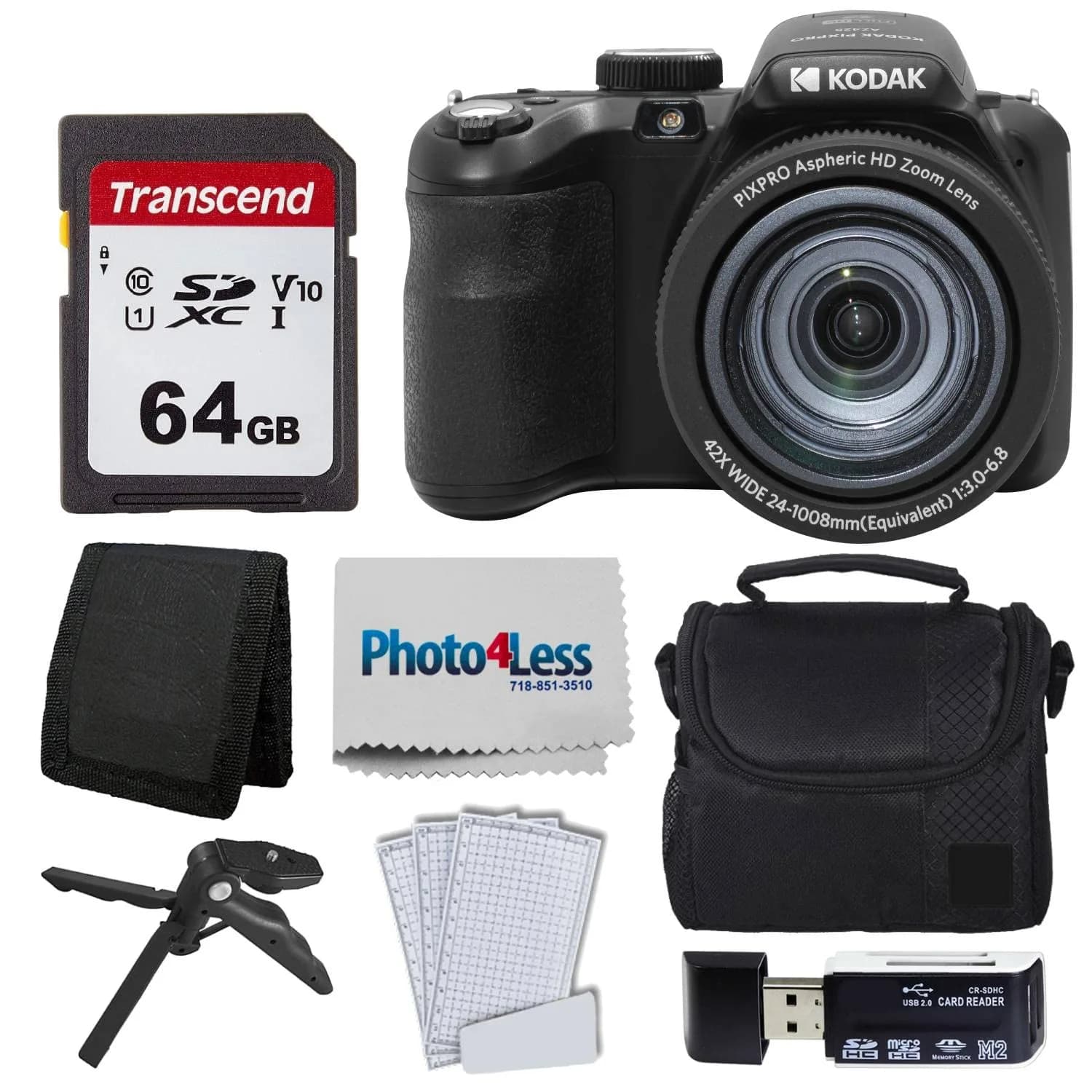Kodak PIXPRO AZ425 Digital Camera with 42x Optical Zoom, 20MP CCD Sensor, 64GB Card & Accessories (White) — Black