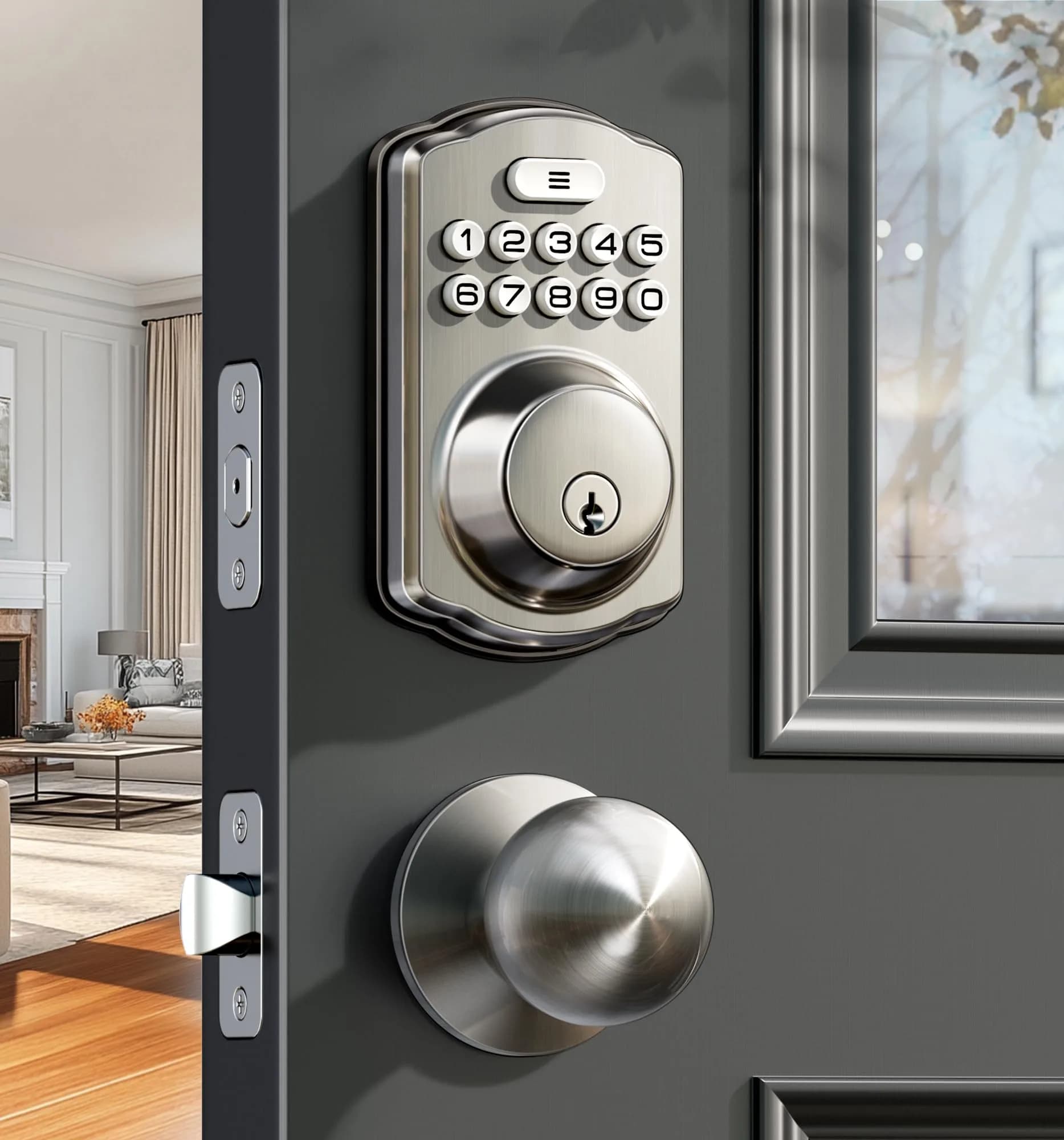 Veise KS01C Keyless Entry Deadbolt Door Lock with Knobs, Satin Nickel | ANSI/BHMA Grade 3 Certified, 20 User Codes + Keys - main product image
